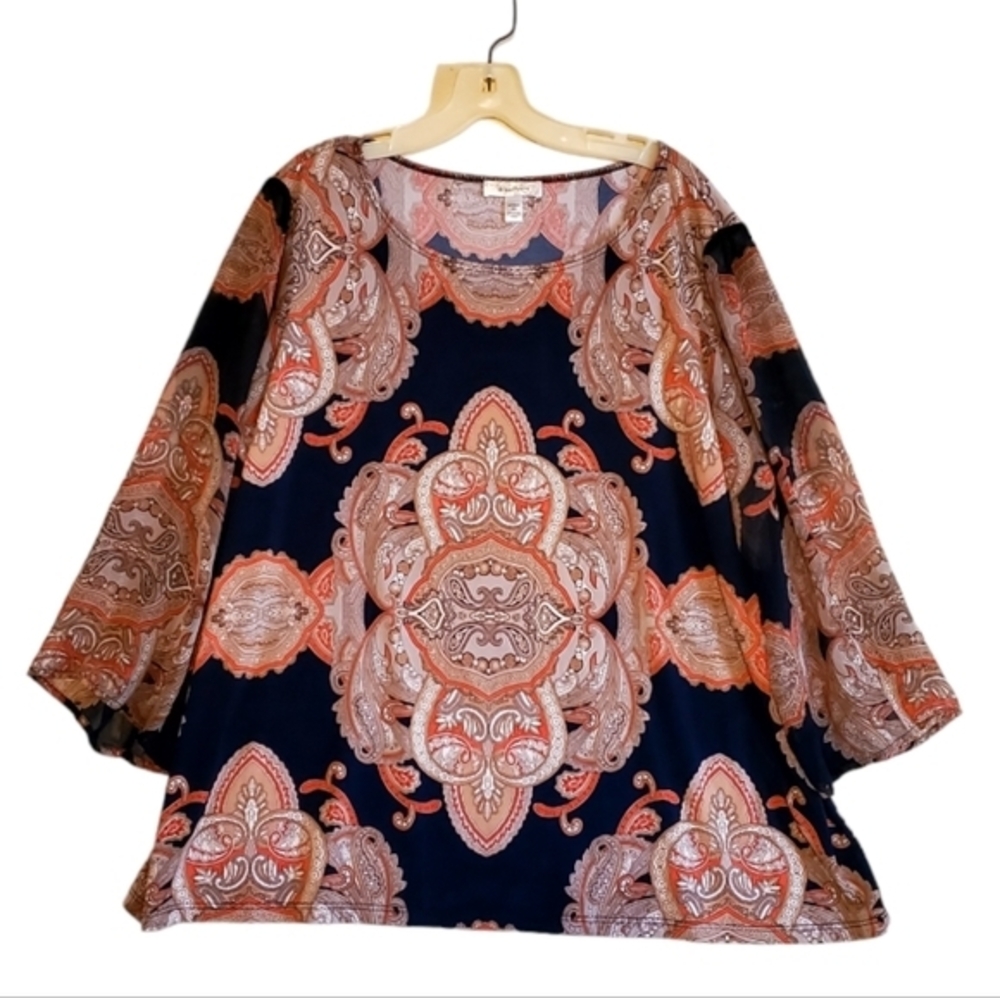 Dress Barn Navy Tan Top Blouse Size 2X Sheer Sleeves Women‎ Plus Size Pre-owned